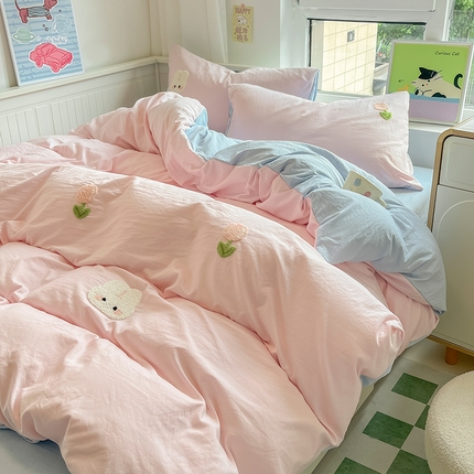 91家纺网 家纺一手货源 找家纺 （总）（买家秀爆款花型 长期款不断货）A类ins风水洗棉四件套水洗棉毛巾绣四件套水洗棉床笠四件套绣花四件套