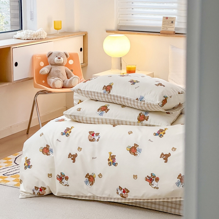 91家纺网 家纺一手货源 找家纺 （买家秀爆款花型长期款不断货）A类母婴级13372纯棉四件套40支全棉四件套学生三件套宿舍萌趣卡通 乖乖熊