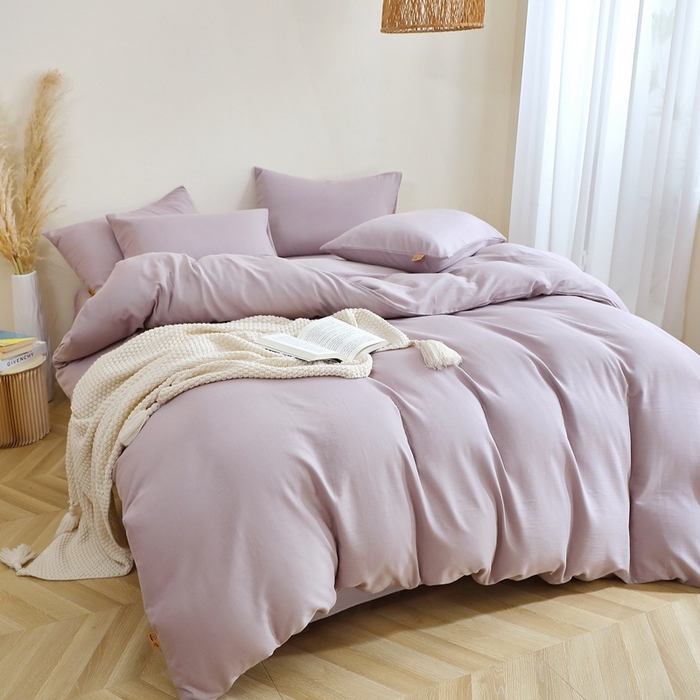 91家纺网 家纺一手货源 找家纺 晶缦家纺 2025新款纯棉纯色全棉双层纱四件套 觅琳-浅藤紫