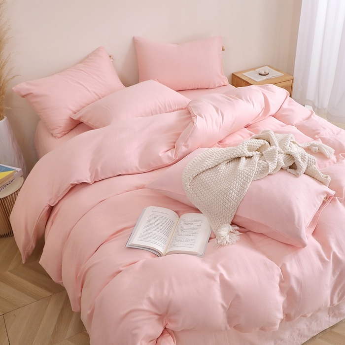 91家纺网 家纺一手货源 找家纺 晶缦家纺 2025新款纯棉纯色全棉双层纱四件套 觅琳-暮云粉