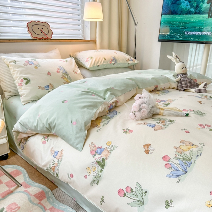 91家纺网 家纺一手货源 找家纺 （买家秀爆款花型长期款不断货）A类母婴级13372纯棉四件套40支全棉四件套学生三件套宿舍萌趣卡通 逃家小兔