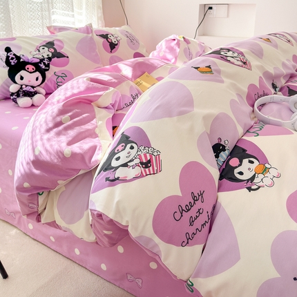 91家纺网 家纺一手货源 找家纺 （买家秀爆款花型长期款不断货）A类母婴级13372纯棉四件套40支全棉四件套学生三件套宿舍萌趣卡通 贪吃库洛米