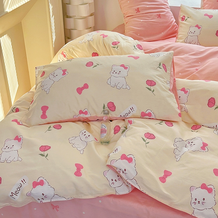 91家纺网 家纺一手货源 找家纺 （买家秀爆款花型长期款不断货）A类母婴级13372纯棉四件套40支全棉四件套学生三件套宿舍萌趣卡通 公主小猫