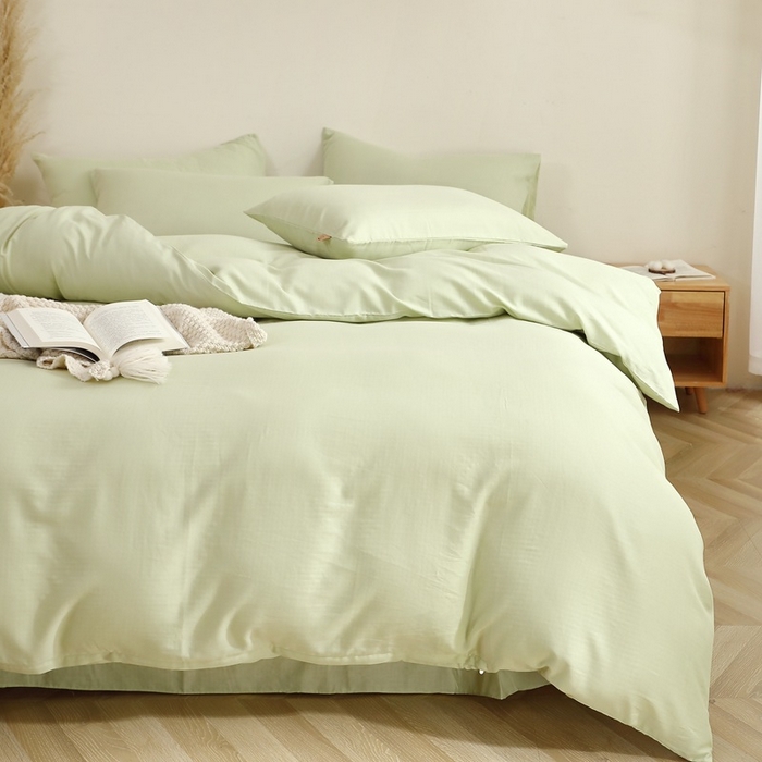 91家纺网 家纺一手货源 找家纺 晶缦家纺 2025新款纯棉纯色全棉双层纱四件套 觅琳-浅春绿