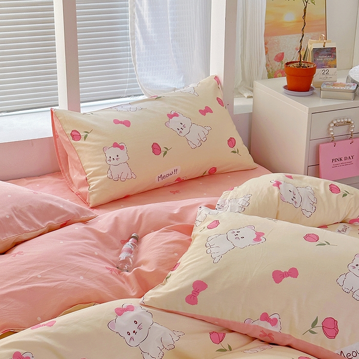 91家纺网 家纺一手货源 找家纺 （买家秀爆款花型长期款不断货）A类母婴级13372纯棉四件套40支全棉四件套学生三件套宿舍萌趣卡通 公主小猫