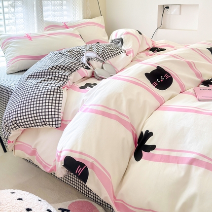 91家纺网 家纺一手货源 找家纺 （买家秀爆款花型长期款不断货）A类母婴级13372纯棉四件套40支全棉四件套学生三件套宿舍萌趣卡通 小黑猫