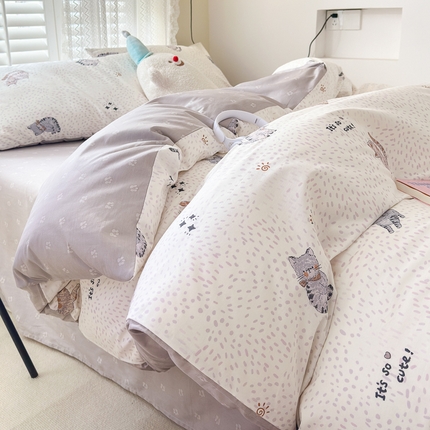 91家纺网 家纺一手货源 找家纺 （买家秀爆款花型长期款不断货）A类母婴级13372纯棉四件套40支全棉四件套学生三件套宿舍萌趣卡通 千猫之梦