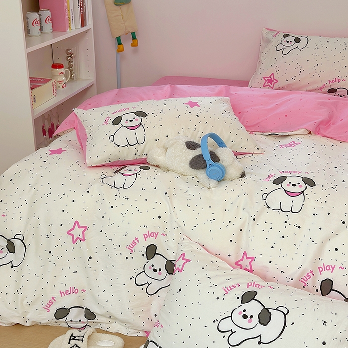 91家纺网 家纺一手货源 找家纺 （买家秀爆款花型长期款不断货）A类母婴级13372纯棉四件套40支全棉四件套学生三件套宿舍萌趣卡通 布丁狗