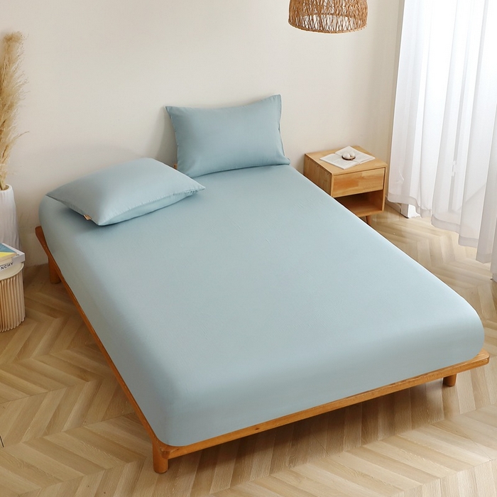 91家纺网 家纺一手货源 找家纺 晶缦家纺 2025新款纯棉纯色全棉双层纱系列单床笠 觅琳-桃青蓝