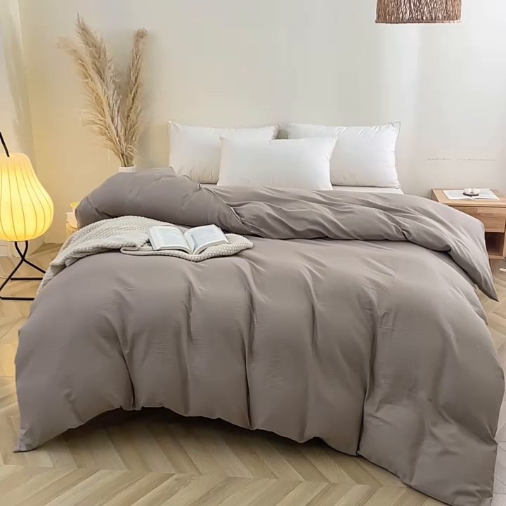 91家纺网 家纺一手货源 找家纺 晶缦家纺 2025新款纯棉纯色全棉双层纱系列单被套 觅琳-浅卡其