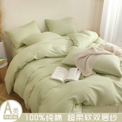 91家纺网 家纺一手货源 找家纺 （总）晶缦家纺 2025新款纯棉全棉双层纱四件套/三件套纯色母婴级多规格床单款床笠款四季通用