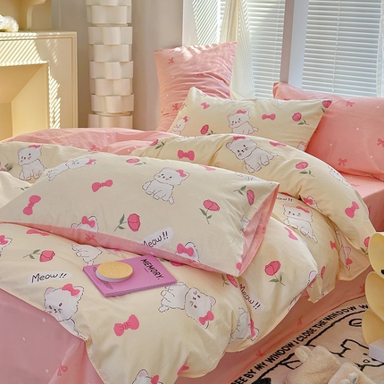 91家纺网 家纺一手货源 找家纺 （买家秀爆款花型长期款不断货）A类母婴级13372纯棉四件套40支全棉四件套学生三件套宿舍萌趣卡通 公主小猫