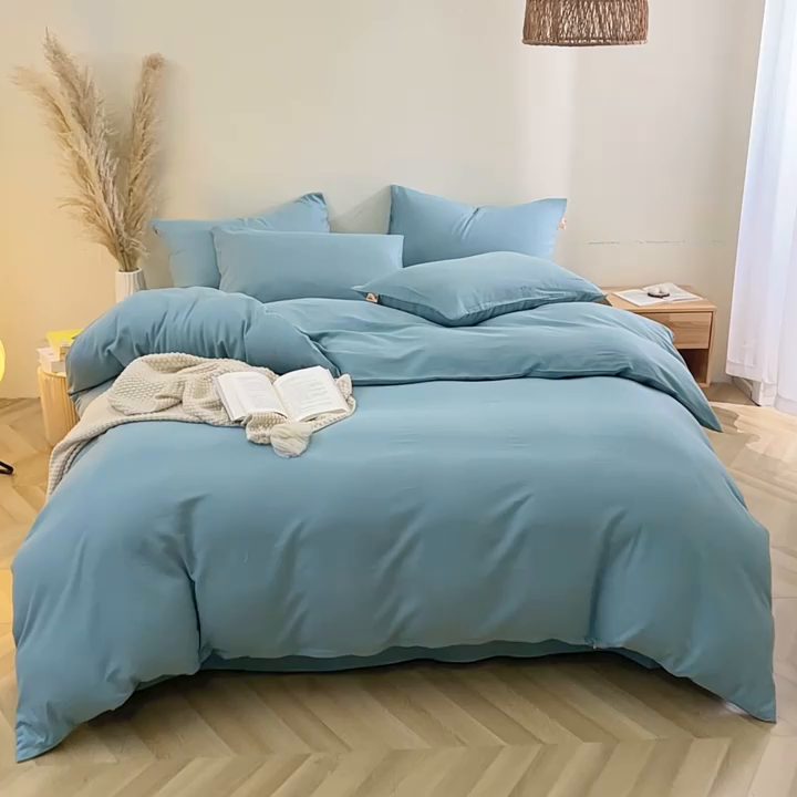 91家纺网 家纺一手货源 找家纺 晶缦家纺 2025新款纯棉纯色全棉双层纱四件套 觅琳-桃青蓝
