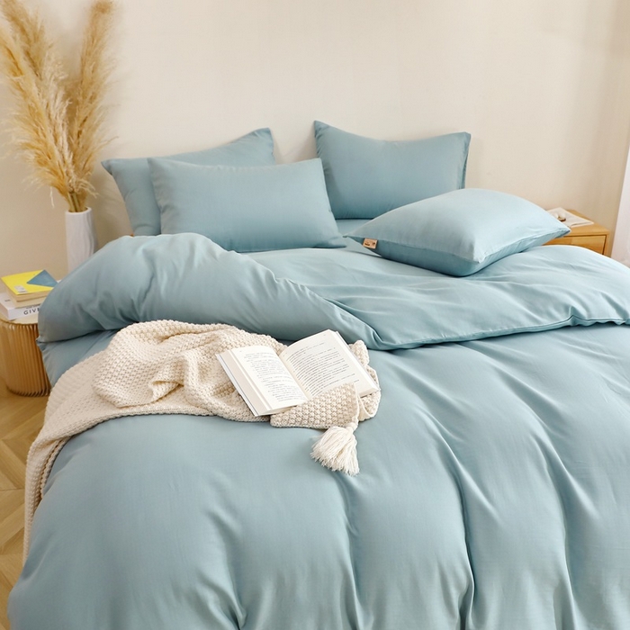 91家纺网 家纺一手货源 找家纺 晶缦家纺 2025新款纯棉纯色全棉双层纱四件套 觅琳-桃青蓝