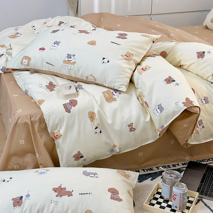 91家纺网 家纺一手货源 找家纺 （买家秀爆款花型长期款不断货）A类母婴级13372纯棉四件套40支全棉四件套学生三件套宿舍萌趣卡通 三只小狗