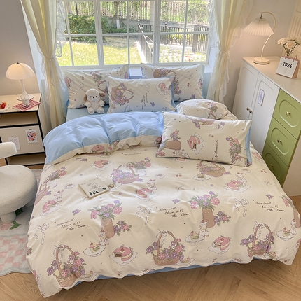 （买家秀 爆款花型 不断货）13372纯棉四件套全棉四件套卡通四件套儿童三件套学生宿舍三件套学生套件 清蓝与兔【全棉 吸湿排汗 亲肤透气】