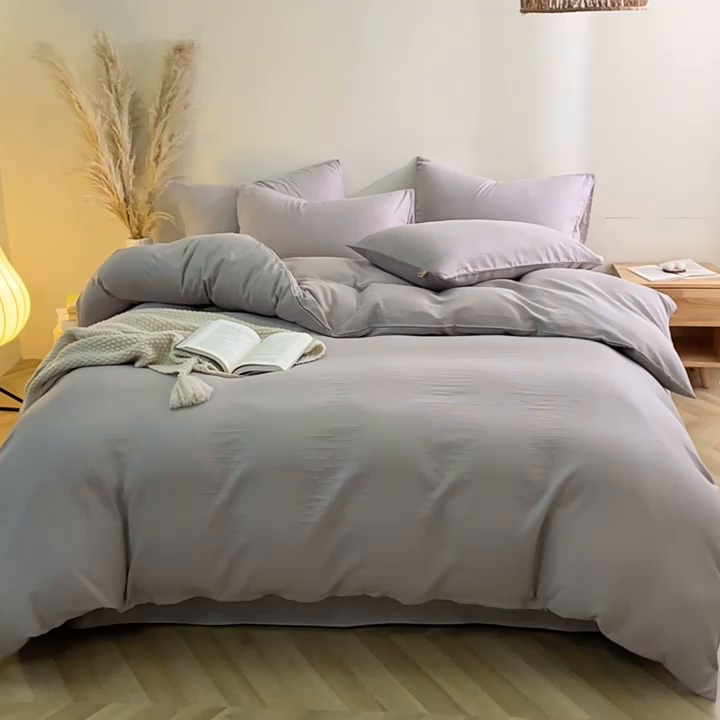 91家纺网 家纺一手货源 找家纺 晶缦家纺 2025新款纯棉纯色全棉双层纱四件套 觅琳-暖藕灰