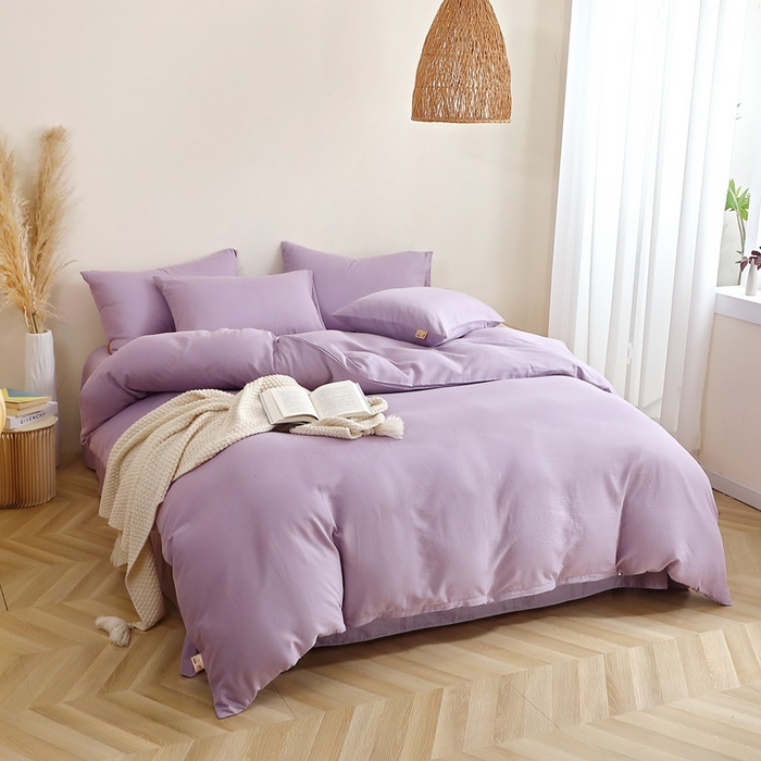 91家纺网 家纺一手货源 找家纺 晶缦家纺 2025新款纯棉纯色全棉双层纱四件套 觅琳-木槿紫