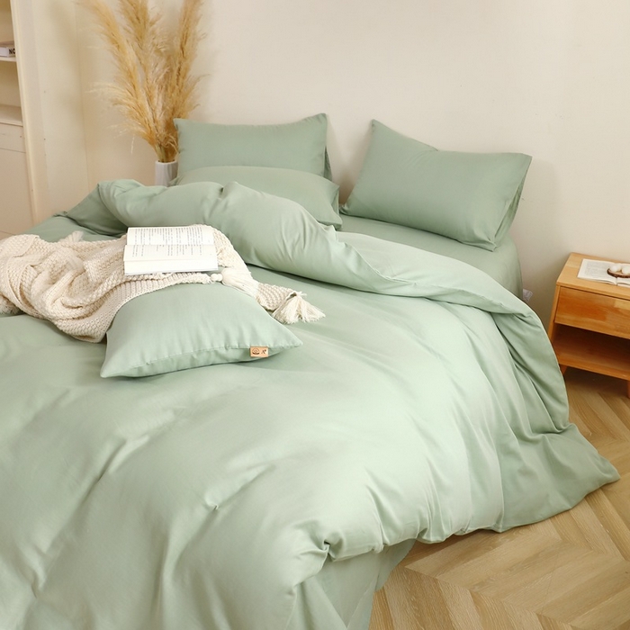 91家纺网 家纺一手货源 找家纺 晶缦家纺 2025新款纯棉纯色全棉双层纱四件套 觅琳-嫩荷绿
