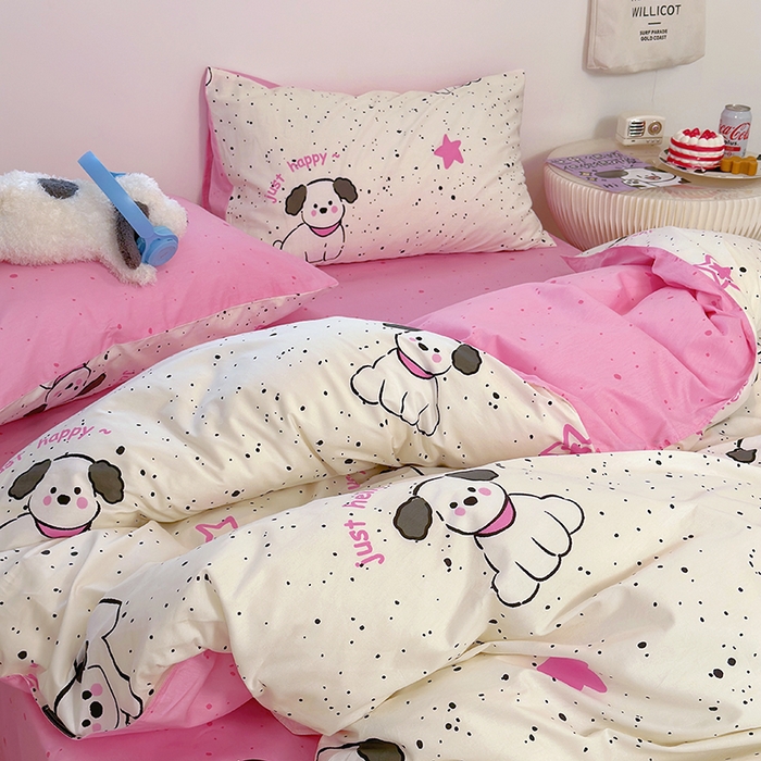 91家纺网 家纺一手货源 找家纺 （买家秀爆款花型长期款不断货）A类母婴级13372纯棉四件套40支全棉四件套学生三件套宿舍萌趣卡通 布丁狗