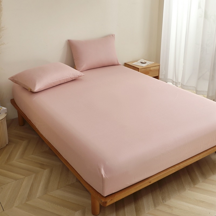 91家纺网 家纺一手货源 找家纺 晶缦家纺 2025新款纯棉纯色全棉双层纱系列单床笠 觅琳-海天霞