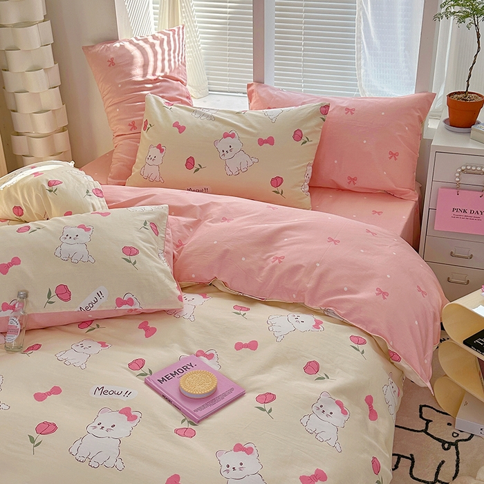 91家纺网 家纺一手货源 找家纺 （买家秀爆款花型长期款不断货）A类母婴级13372纯棉四件套40支全棉四件套学生三件套宿舍萌趣卡通 公主小猫