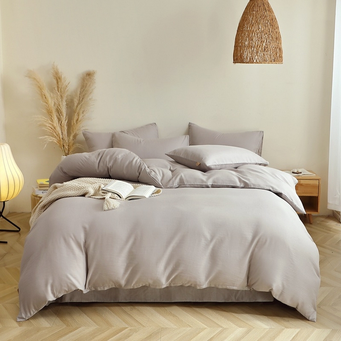 91家纺网 家纺一手货源 找家纺 晶缦家纺 2025新款纯棉纯色全棉双层纱四件套 觅琳-暖藕灰