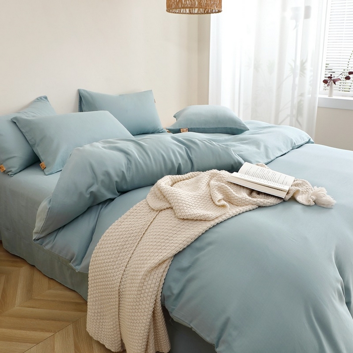 91家纺网 家纺一手货源 找家纺 晶缦家纺 2025新款纯棉纯色全棉双层纱四件套 觅琳-桃青蓝