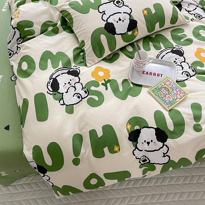 91家纺网 家纺一手货源 找家纺 （买家秀爆款花型长期款不断货）A类母婴级13372纯棉四件套40支全棉四件套学生三件套宿舍萌趣卡通 屁屁狗