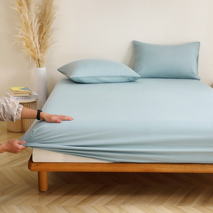 91家纺网 家纺一手货源 找家纺 晶缦家纺 2025新款纯棉纯色全棉双层纱系列单床笠 觅琳-桃青蓝