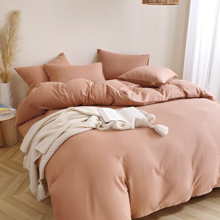 91家纺网 家纺一手货源 找家纺 晶缦家纺 2025新款纯棉纯色全棉双层纱四件套 觅琳-赭石棕