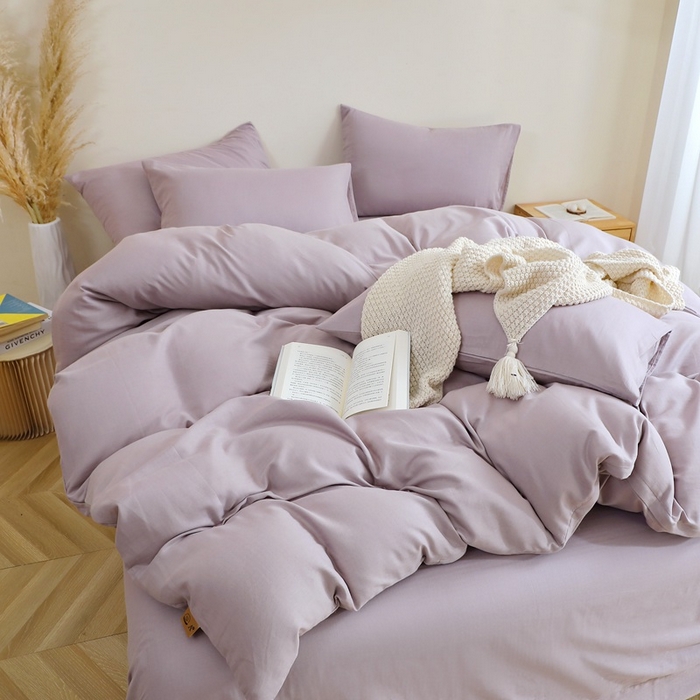 91家纺网 家纺一手货源 找家纺 晶缦家纺 2025新款纯棉纯色全棉双层纱四件套 觅琳-浅藤紫
