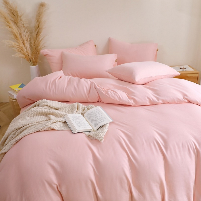 91家纺网 家纺一手货源 找家纺 晶缦家纺 2025新款纯棉纯色全棉双层纱四件套 觅琳-暮云粉