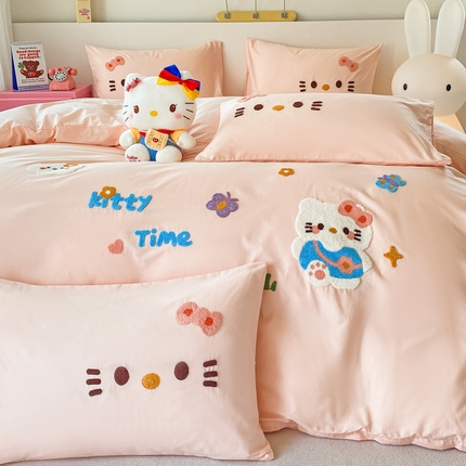 91家纺网 家纺一手货源 找家纺 （买家秀）（爆款花型长期款不断货）A类全棉贴布绣四件套绣花四件套毛巾绣四件套毛巾绣三件套卡通 甜心猫