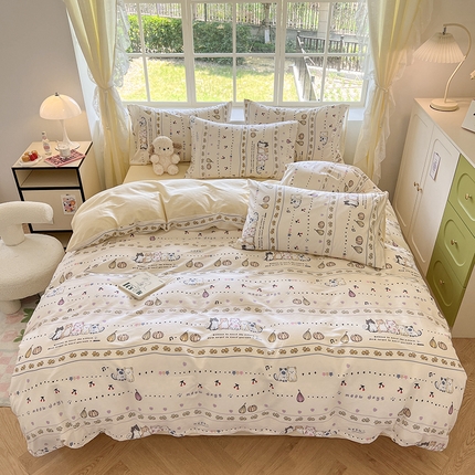 （买家秀 爆款花型 不断货）13372纯棉四件套全棉四件套卡通四件套儿童三件套学生宿舍三件套学生套件 南瓜小猫【全棉 吸湿排汗 亲肤透气】