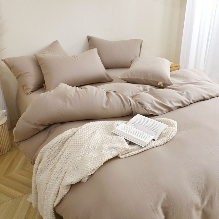 91家纺网 家纺一手货源 找家纺 晶缦家纺 2025新款纯棉纯色全棉双层纱四件套 觅琳-浅卡其