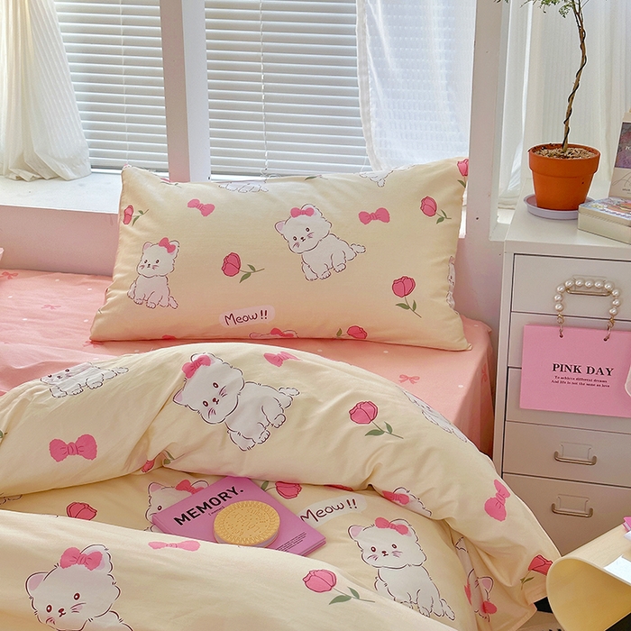 91家纺网 家纺一手货源 找家纺 （买家秀爆款花型长期款不断货）A类母婴级13372纯棉四件套40支全棉四件套学生三件套宿舍萌趣卡通 公主小猫