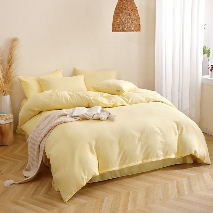 91家纺网 家纺一手货源 找家纺 晶缦家纺 2025新款纯棉纯色全棉双层纱四件套 觅琳-浅蜜黄