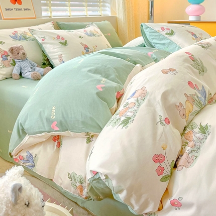 91家纺网 家纺一手货源 找家纺 （买家秀爆款花型长期款不断货）A类母婴级13372纯棉四件套40支全棉四件套学生三件套宿舍萌趣卡通 逃家小兔