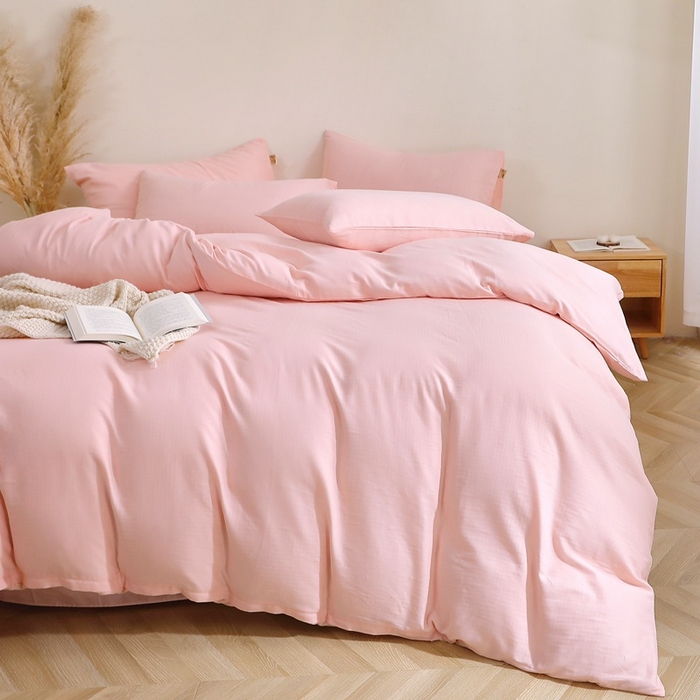 91家纺网 家纺一手货源 找家纺 晶缦家纺 2025新款纯棉纯色全棉双层纱四件套 觅琳-暮云粉