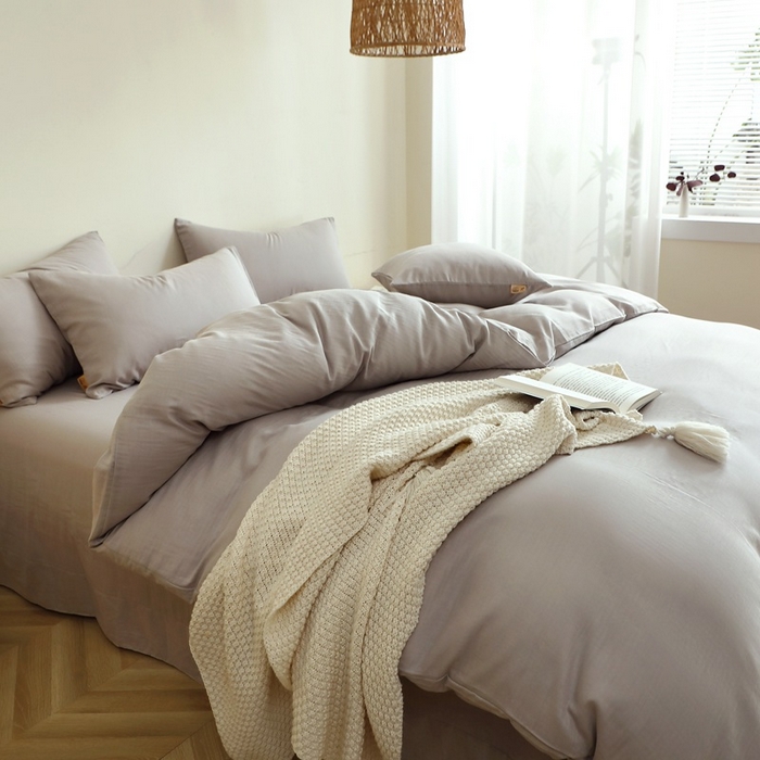 91家纺网 家纺一手货源 找家纺 晶缦家纺 2025新款纯棉纯色全棉双层纱四件套 觅琳-暖藕灰