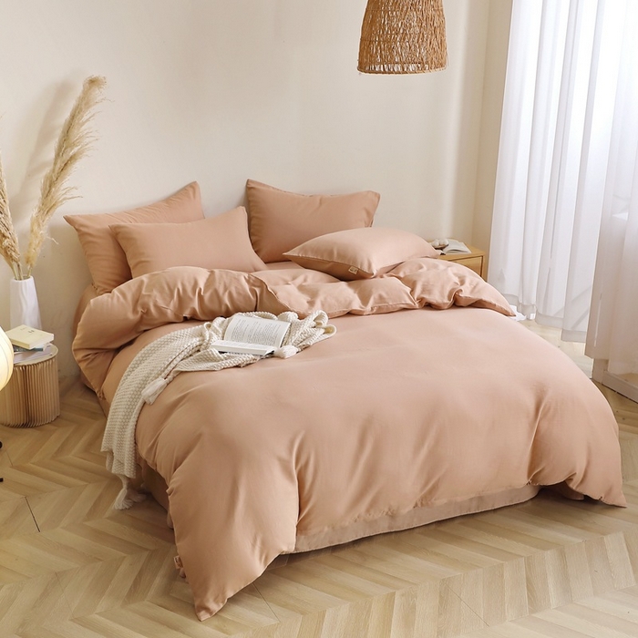 91家纺网 家纺一手货源 找家纺 晶缦家纺 2025新款纯棉纯色全棉双层纱四件套 觅琳-朱颜酡