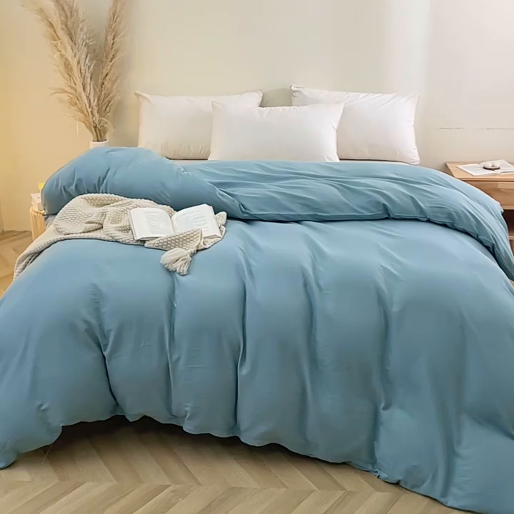 91家纺网 家纺一手货源 找家纺 晶缦家纺 2025新款纯棉纯色全棉双层纱系列单被套 觅琳-桃青蓝
