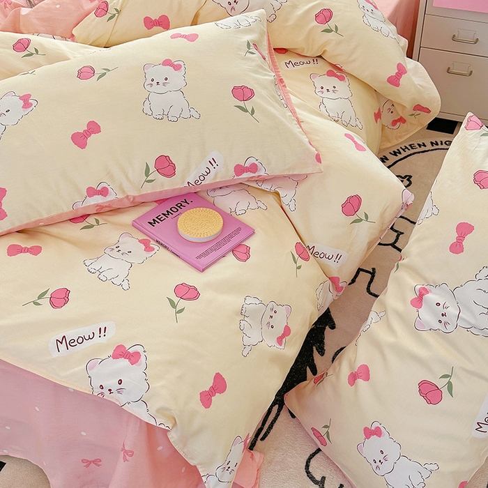 91家纺网 家纺一手货源 找家纺 （买家秀爆款花型长期款不断货）A类母婴级13372纯棉四件套40支全棉四件套学生三件套宿舍萌趣卡通 公主小猫