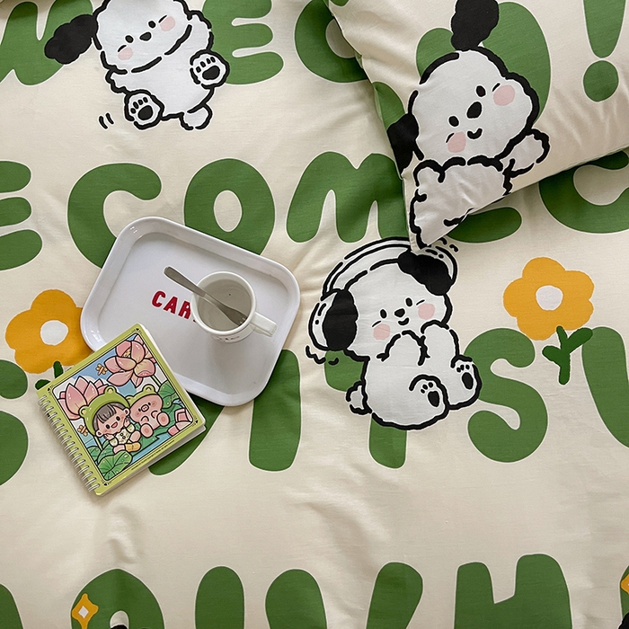 91家纺网 家纺一手货源 找家纺 （买家秀爆款花型长期款不断货）A类母婴级13372纯棉四件套40支全棉四件套学生三件套宿舍萌趣卡通 屁屁狗