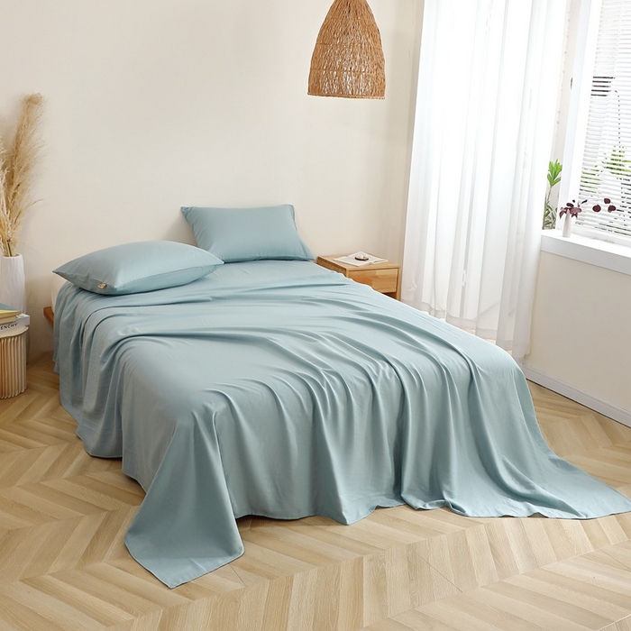 91家纺网 家纺一手货源 找家纺 晶缦家纺 2025新款纯棉纯色全棉双层纱系列单床单 觅琳-桃青蓝