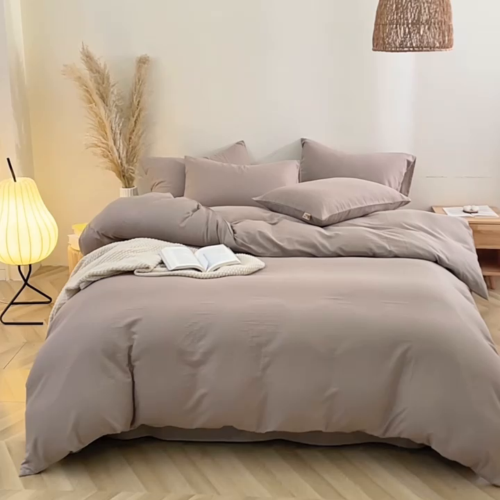 91家纺网 家纺一手货源 找家纺 晶缦家纺 2025新款纯棉纯色全棉双层纱四件套 觅琳-浅卡其