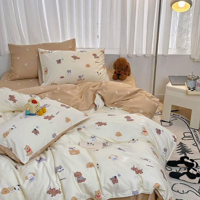 91家纺网 家纺一手货源 找家纺 （买家秀爆款花型长期款不断货）A类母婴级13372纯棉四件套40支全棉四件套学生三件套宿舍萌趣卡通 三只小狗