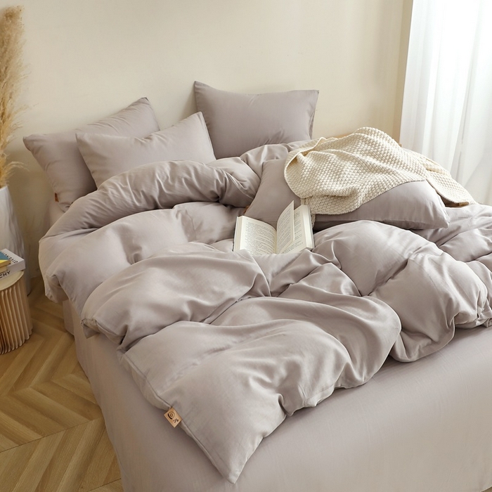 91家纺网 家纺一手货源 找家纺 晶缦家纺 2025新款纯棉纯色全棉双层纱四件套 觅琳-暖藕灰