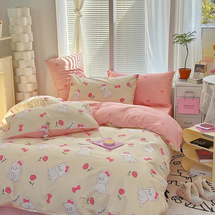 91家纺网 家纺一手货源 找家纺 （买家秀爆款花型长期款不断货）A类母婴级13372纯棉四件套40支全棉四件套学生三件套宿舍萌趣卡通 公主小猫